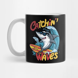 Funny Shark Catching Waves Mug